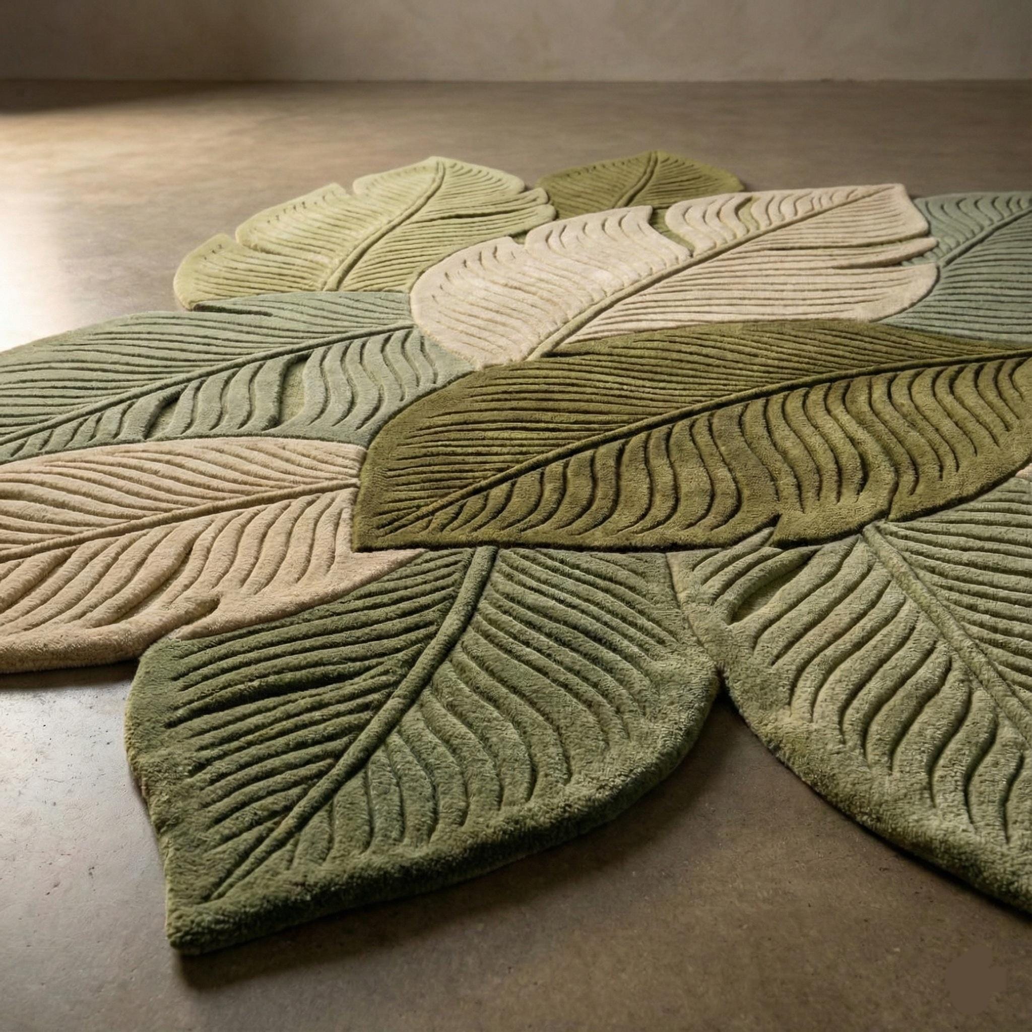 Hand-tufted Leaf Shape Wool Rug | Botanical Layered Leaves Design in ...