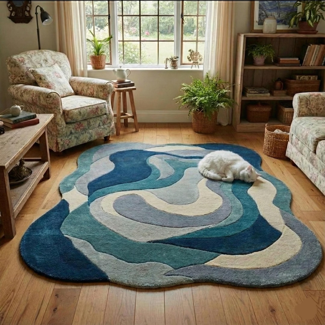 Wool Wave Rug Hand-tufted Ocean Wave Wool Rug | Modern Abstract Curvy Design in Blue ...