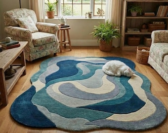 Hand-Tufted Ocean Wave Wool Rug | Modern Abstract Curvy Design in Blue & Aqua | 5x7