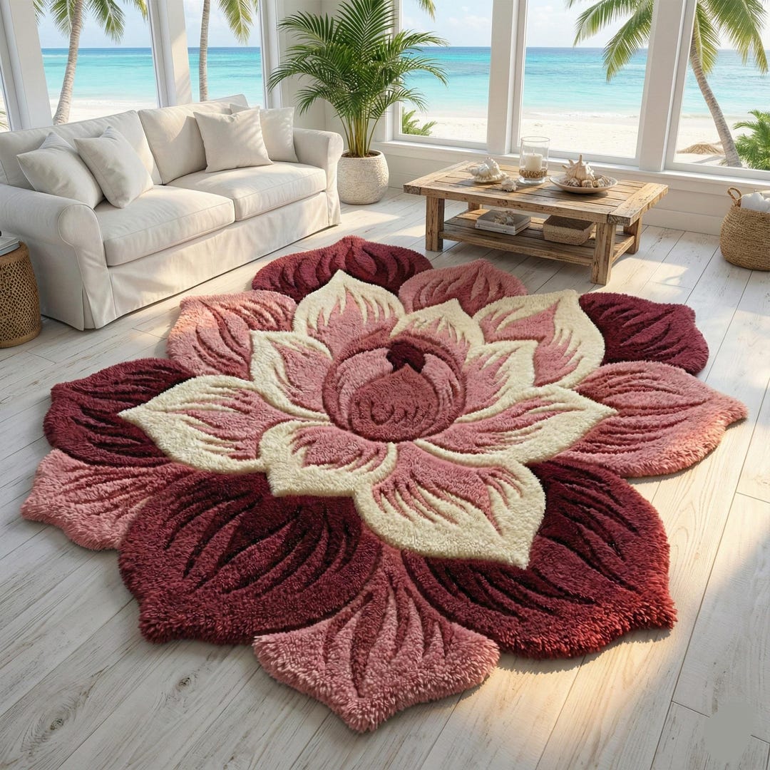 Hand-tufted Lotus Flower Wool Rug | Floral Petal Shape Area Rug | Blush ...
