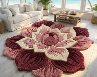 Hand-Tufted Lotus Flower Wool Rug | Floral Petal Shape Area Rug | Blush Pink & Burgundy | 7x7