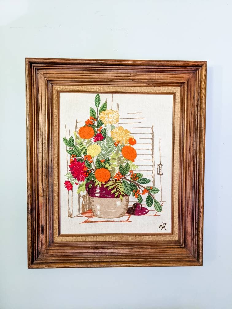 Große gerahmte florale Crewel Wanddekoration | Etsy