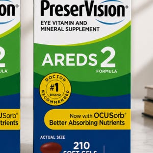 May include: A box of PreserVision AREDs 2 eye vitamin and mineral supplement. The box is white and green with the text "EYE VITAMIN AND MINERAL SUPPLEMENT" and "AREDS 2 FORMULA". It also says "Now with OCUSorb Better Absorbing Nutrients".