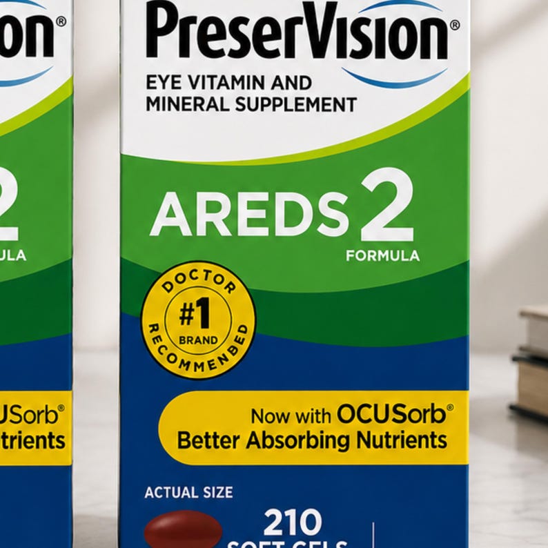 May include: A box of PreserVision AREDs 2 eye vitamin and mineral supplement. The box is white and green with the text "EYE VITAMIN AND MINERAL SUPPLEMENT" and "AREDS 2 FORMULA". It also says "Now with OCUSorb Better Absorbing Nutrients".