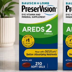 May include: A box of PreserVision AREDS 2 eye vitamin and mineral supplement. The box is primarily blue, green, and white, with the text "AREDS 2" prominently displayed. It contains 210 soft gels. The product is doctor recommended.