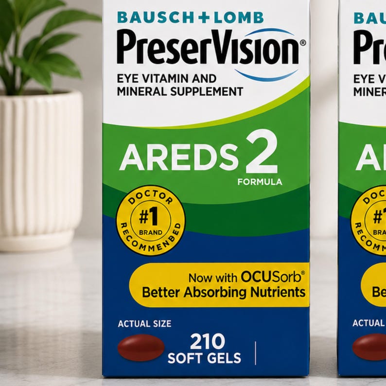 May include: A box of PreserVision AREDS 2 eye vitamin and mineral supplement. The box is primarily blue, green, and white, with the text "AREDS 2" prominently displayed. It contains 210 soft gels. The product is doctor recommended.