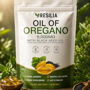 Puede incluir: Una bolsa blanca de suplemento dietético Resilia Oil of Oregano 6.000 mg con aceite de semilla negra. El envase presenta texto verde, tres cápsulas doradas, hojas de orégano y semillas negras. Indica 60 cápsulas y varias certificaciones.