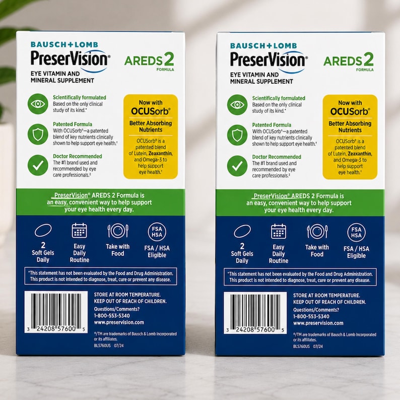 May include: Two boxes of PreserVision AREDS 2 Formula eye vitamin and mineral supplement. The boxes are white with blue and green accents, featuring product information and the brand logo. Each box contains 2 soft gels for daily use.