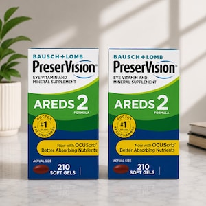 May include: Two boxes of PreserVision AREDS 2 eye vitamin and mineral supplement. The boxes are white, green, and blue, with the brand name and product information clearly displayed. Each box contains 210 soft gels.