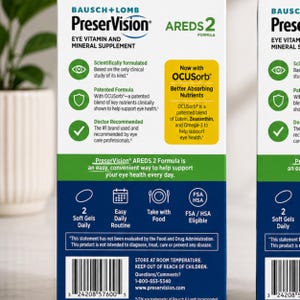 May include: PreserVision AREDS 2 eye vitamin and mineral supplement box. Features include a patented formula with OCUSorb, doctor recommended, and FSA/HSA eligible. Contains 2 soft gels daily. The box is white, green, and blue.