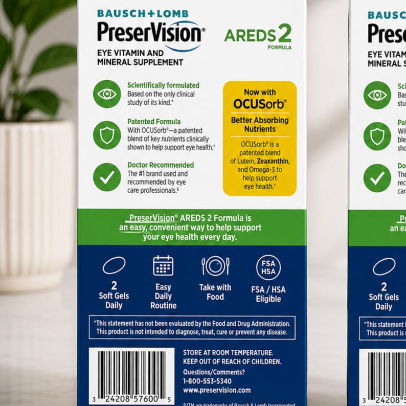 May include: PreserVision AREDS 2 eye vitamin and mineral supplement box. Features include a patented formula with OCUSorb, doctor recommended, and FSA/HSA eligible. Contains 2 soft gels daily. The box is white, green, and blue.
