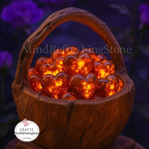 Puede incluir: Una cesta de madera llena de piedras brillantes en forma de coraz&oacute;n. Los corazones tienen un interior naranja y amarillo, y la cesta tiene un asa. El texto "MindRefreshingStone" y "Crafts 2025" son visibles.