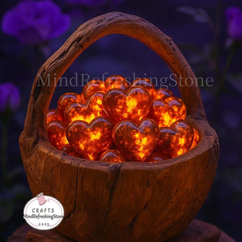 Puede incluir: Una cesta de madera llena de piedras brillantes en forma de coraz&oacute;n. Los corazones tienen un interior naranja y amarillo, y la cesta tiene un asa. El texto "MindRefreshingStone" y "Crafts 2025" son visibles.