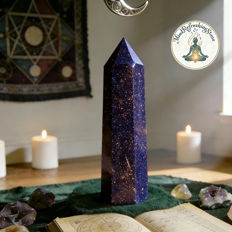 May include: A tall, six-sided blue goldstone crystal tower with a polished finish and embedded copper-colored glitter particles. The stone features a deep navy blue base color with reflective metallic flecks throughout its vertical, pointed structure.