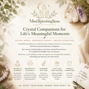 May include: A promotional graphic for MindRefreshingStone featuring text about crystal jewelry, natural crystals, and five icons representing authenticity, purpose, handmade quality, gifting, and connection, with clear and purple crystals visible.