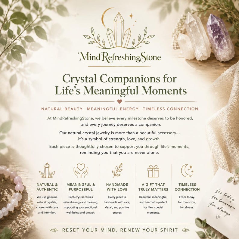 May include: A promotional graphic for MindRefreshingStone featuring text about crystal jewelry, natural crystals, and five icons representing authenticity, purpose, handmade quality, gifting, and connection, with clear and purple crystals visible.
