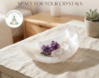 Plato de selenita natural en forma de media luna de 3,5 a 4 pulgadas, cuenco para cargar y limpiar cristales, decoración de altar hecha a mano para meditación y rituales.