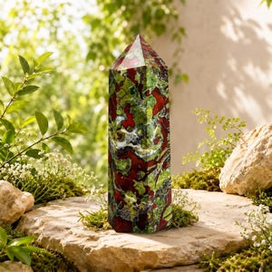 May include: A polished, hexagonal crystal tower featuring a vibrant, mottled pattern of deep forest green, bright lime green, and rich crimson red. The stone has a smooth, reflective surface with a pointed top and a flat, stable base.