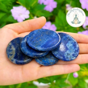 May include: A collection of six polished, oval-shaped lapis lazuli stones. The stones are a deep blue color with lighter blue and gold veining. The stones are held in an open hand, with a blurred background of purple flowers and green foliage.