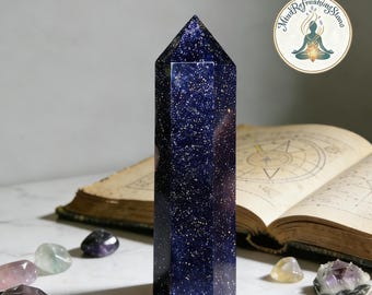 Blue Goldstone Tower Point, Galaxy in a Stone, Sparkling Blue & Gold Obelisk, Starlight Meditation Wand, Unique Desk Altar Decor