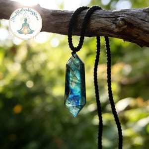 May include: A faceted, iridescent labradorite crystal pendant hangs from a black cord necklace. The crystal displays shades of blue, green, and yellow. The pendant is suspended from a black rope-like cord, and the background is blurred green foliage.
