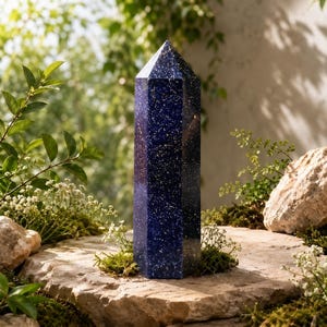 May include: A tall, hexagonal crystal tower made of deep blue goldstone, featuring a smooth, polished surface with numerous tiny, reflective metallic flecks scattered throughout the dark blue material, culminating in a pointed, faceted top.