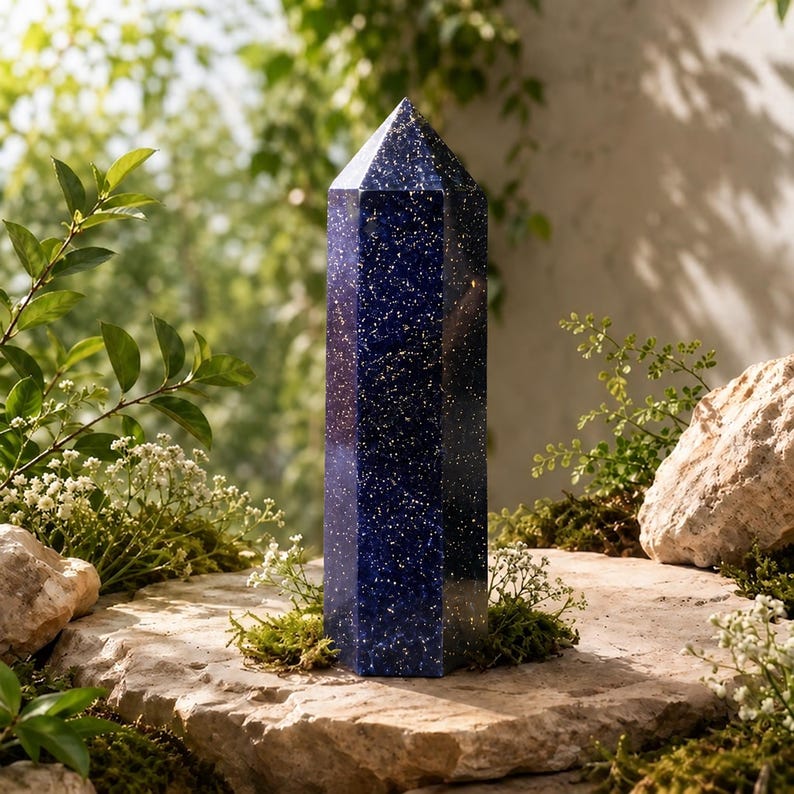 May include: A tall, hexagonal crystal tower made of deep blue goldstone, featuring a smooth, polished surface with numerous tiny, reflective metallic flecks scattered throughout the dark blue material, culminating in a pointed, faceted top.