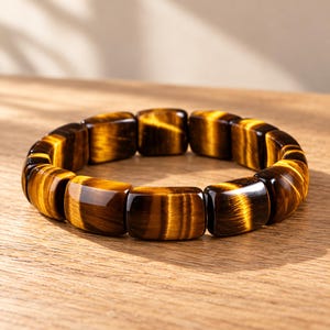 May include: A bracelet composed of smooth, rectangular tiger's eye beads. Each bead features a polished finish with alternating bands of golden-yellow and dark brown, creating a chatoyant effect throughout the circular jewelry piece.