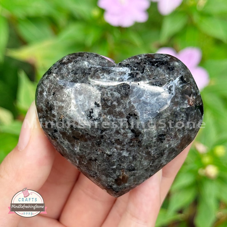 Puede incluir: Una piedra en forma de coraz&oacute;n, de color gris oscuro moteado, con una superficie pulida. La piedra se sostiene en una mano, con un fondo de follaje verde y flores rosas. El texto "MindRefreshingStone" es visible.