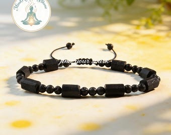 Pulsera de shungita y turmalina negra en bruto con cuentas de roca volcánica, joyería protectora para hombres y mujeres.