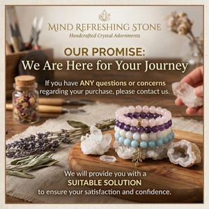 May include: A stack of four beaded bracelets featuring light pink, purple, white, and light blue stones on a wooden board. A gold-toned leaf charm hangs from the bottom bracelet. Text reads: MIND REFRESHING STONE, OUR PROMISE: We Are Here for Your Journey.