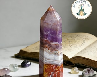 Torre de ágata y encaje de amatista: Obelisco de cristal natural, sanación Reiki