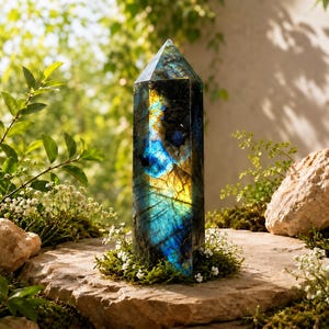 May include: A polished labradorite crystal tower with a hexagonal shape, featuring iridescent flashes of deep blue and golden yellow colors throughout its dark, semi-translucent surface, standing upright with a pointed, faceted top.