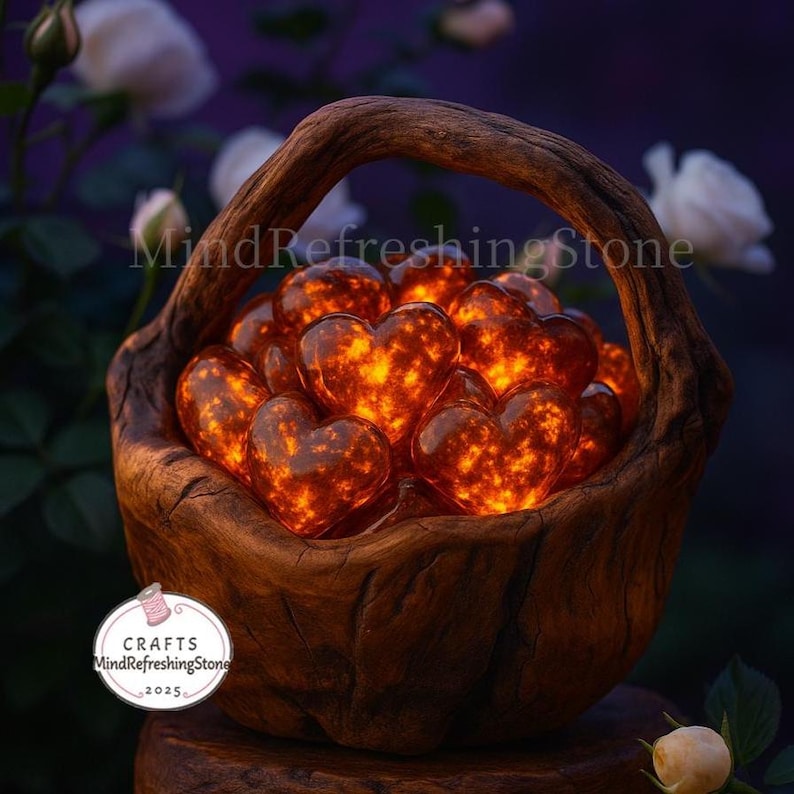 Puede incluir: Una r&uacute;stica cesta de madera llena de piedras brillantes en forma de coraz&oacute;n. Las piedras tienen un interior naranja y amarillo, creando un brillo c&aacute;lido. La cesta tiene un asa curva y est&aacute; sobre un fondo borroso de flores blancas y follaje oscuro. El texto en la imagen dice "MindRefreshingStone".