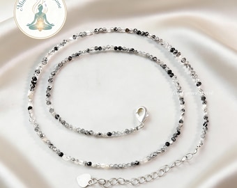 2mm Tourmaline Rutilated Quartz Beaded Choker, Black & Clear Crystal Choker, Dainty Boho Jewelry Gift for Friend