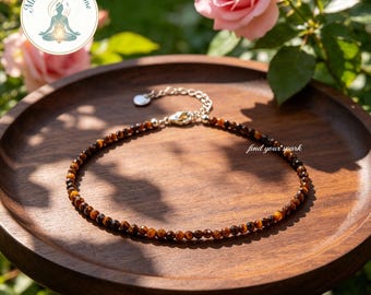 Tobillera de ojo de tigre natural con cuentas de 2 mm para el coraje y la suerte, ajustable, color plata, calzado de verano, regalo