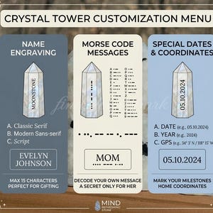 Puede incluir: Un men&uacute; de personalizaci&oacute;n para torres de cristal. Ofrece grabado de nombres, mensajes en c&oacute;digo Morse y fechas o coordenadas especiales. El men&uacute; presenta ilustraciones de torres de cristal y ejemplos de personalizaci&oacute;n, como el nombre "Evelyn Johnson" y la fecha "05.10.2024".