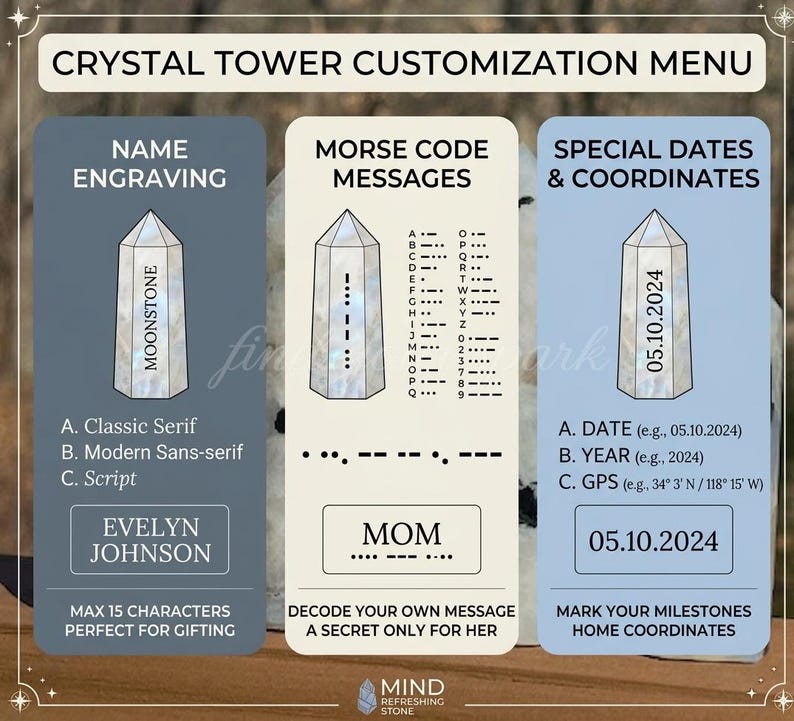Puede incluir: Un men&uacute; de personalizaci&oacute;n para torres de cristal. Ofrece grabado de nombres, mensajes en c&oacute;digo Morse y fechas o coordenadas especiales. El men&uacute; presenta ilustraciones de torres de cristal y ejemplos de personalizaci&oacute;n, como el nombre "Evelyn Johnson" y la fecha "05.10.2024".