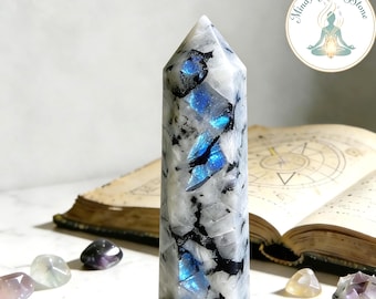 Punta de Torre de Piedra Lunar Arcoíris Natural: Varita de Obelisco Sanadora, Especímenes Minerales, Cristal para el Espacio de Trabajo en el Hogar u Oficina