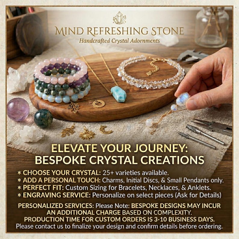 May include: A collection of handcrafted crystal jewelry including a multi-layered beaded bracelet, a gold chain necklace with a blue stone pendant, and a clear beaded bracelet. Small metal charms, loose crystals, and jewelry pliers are also visible.