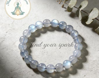 Moonstone Bracelet with Blue Flash - Stackable Gemstone Jewelry, Adjustable Stretch Bracelet