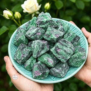 Peut inclure: Un bol bleu clair rempli de pierres de rubis en zoïsite brutes. Les pierres sont un mélange de vert, de noir et de rose. Le bol est tenu par des mains, avec un arrière-plan flou de fleurs blanches et de feuillage vert.