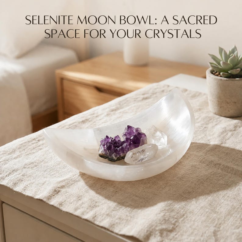 May include: A white, crescent-shaped selenite bowl containing purple amethyst and clear quartz crystal clusters. The text above reads: SELENITE MOON BOWL: A SACRED SPACE FOR YOUR CRYSTALS. The bowl has a smooth, translucent finish.