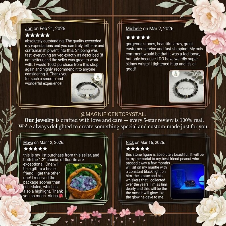 May include: A digital collage featuring four customer reviews for jewelry and crystal products. The image includes text testimonials, five-star ratings, and small photographs of beaded bracelets, fluorite chunks in a wooden bowl, and a glowing stone.