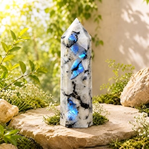 May include: A polished, hexagonal moonstone tower featuring a white base with prominent black veining and striking, iridescent blue flashes throughout the stone, standing upright with a pointed, faceted top and smooth, reflective surfaces.