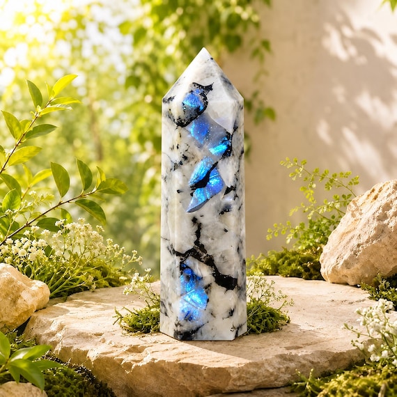 Natural Rainbow Moonstone Tower Point:  Healing Obelisk Wand, Mineral Specimens, Home Office Workspace Crystal