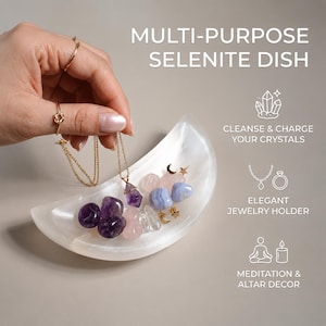 May include: A crescent moon-shaped white selenite dish containing various tumbled crystals including amethyst, rose quartz, and blue lace agate. Text reads: MULTI-PURPOSE SELENITE DISH, CLEANSE & CHARGE YOUR CRYSTALS, ELEGANT JEWELRY HOLDER, MEDITATION & ALTAR DECOR.