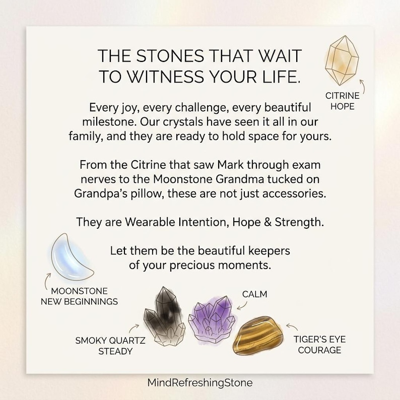 May include: A white informational card featuring illustrations of crystals with text: THE STONES THAT WAIT TO WITNESS YOUR LIFE. Citrine labeled HOPE, Moonstone labeled NEW BEGINNINGS, Smoky Quartz labeled STEADY, Amethyst labeled CALM, and Tiger's Eye labeled COURAGE.