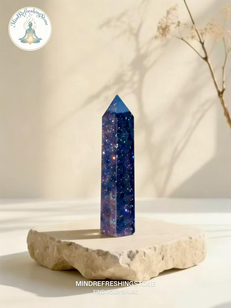 May include: A dark blue, six-sided crystal point featuring a galaxy-like pattern with shimmering flecks of purple, pink, and white. The text MindRefreshingStone and Find Your Spark is printed at the bottom, with a logo in the top left corner.