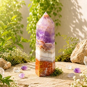 Puede incluir: Una torre de cristal alta y multicolor con una punta afilada. La piedra muestra bandas horizontales distintas de amatista púrpura oscura en la parte superior, pasando por capas de ágata blanca y gris, hasta una base de jaspe naranja vibrante.